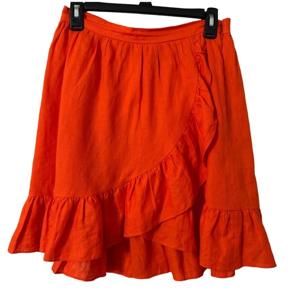 J. Crew 100% Linen Orange Ruffle Skirt Size 2 (see description: hook & eye)